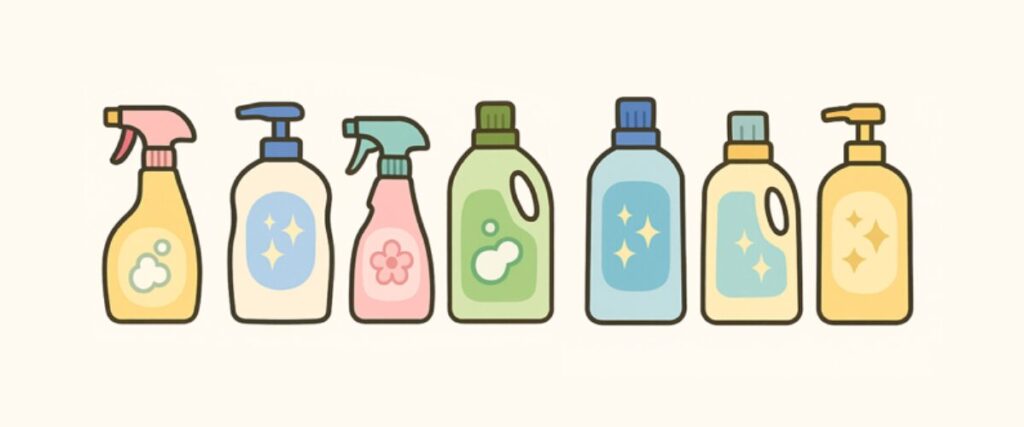 どれを選んだらいいのか迷う原因になるたくさん並んだ洗剤のイラスト