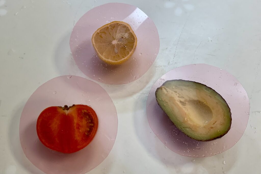 半分にカットしたトマト、アボカド、レモンにラップ代わりにしてかぶせたクリアーファイル